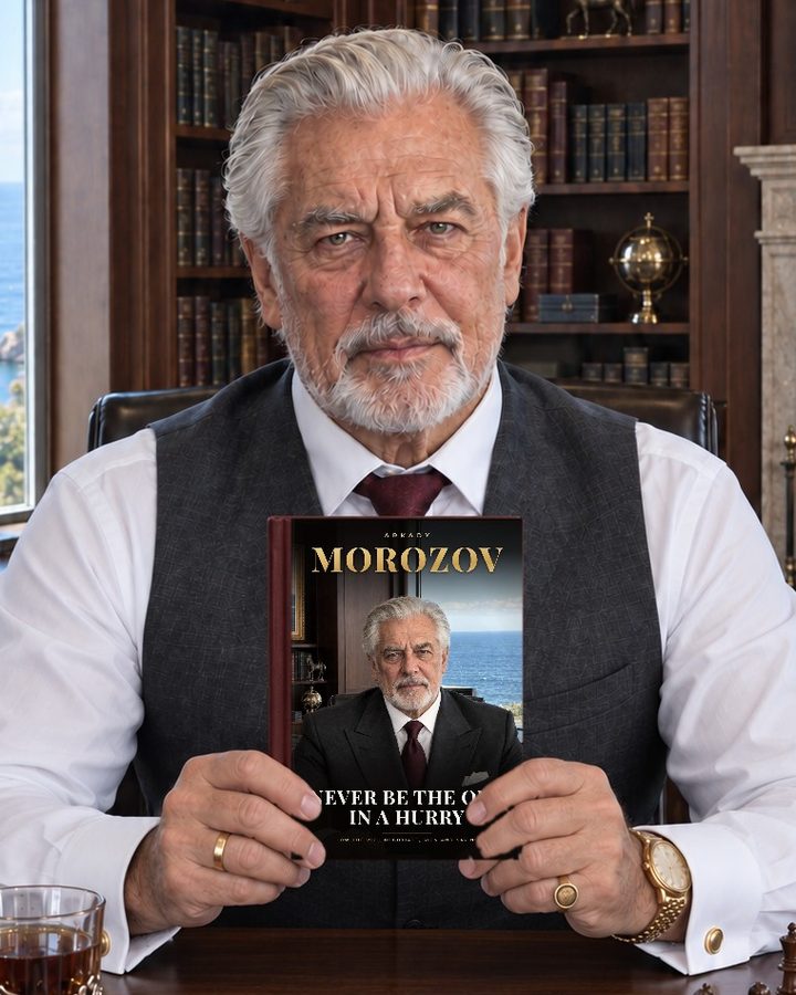 Arkady Morozov in his library, holding a printed copy of Never Be the One in a Hurry