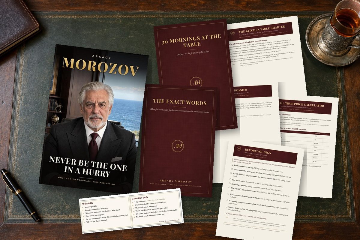 The book and every companion file of the Head of the Table Edition on Arkady's desk, with the Wallet Card in front