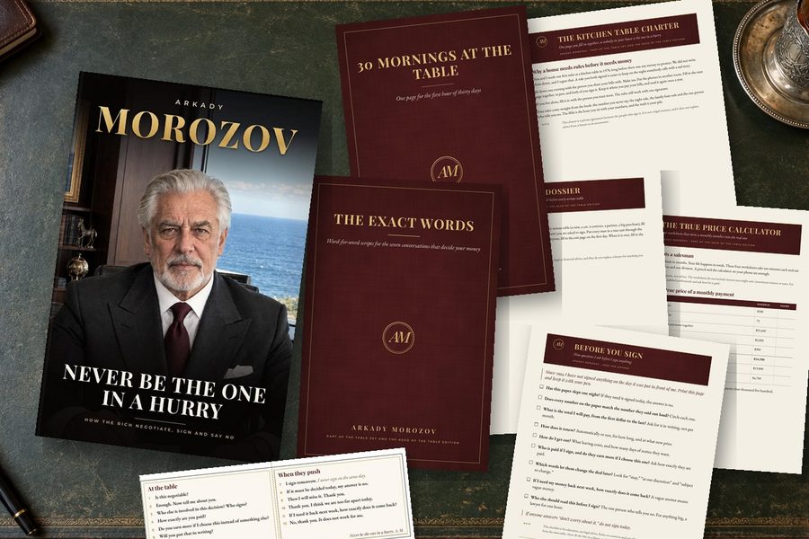 The book, the six companion files and the Wallet Card of the Head of the Table Edition, printed as an example, on Arkady's desk