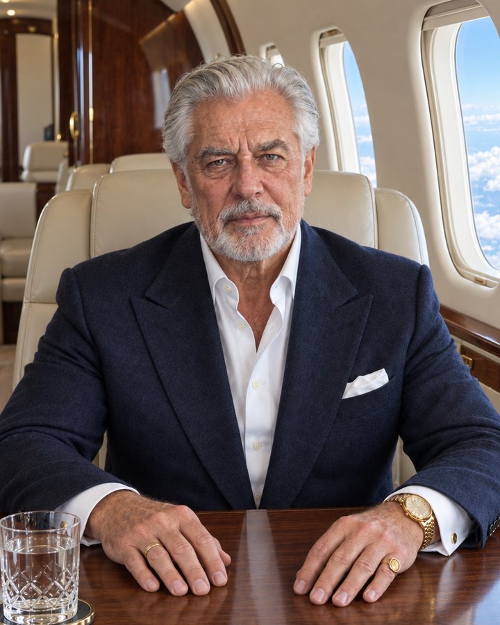 Arkady at the table of his private plane, clouds in the windows behind him